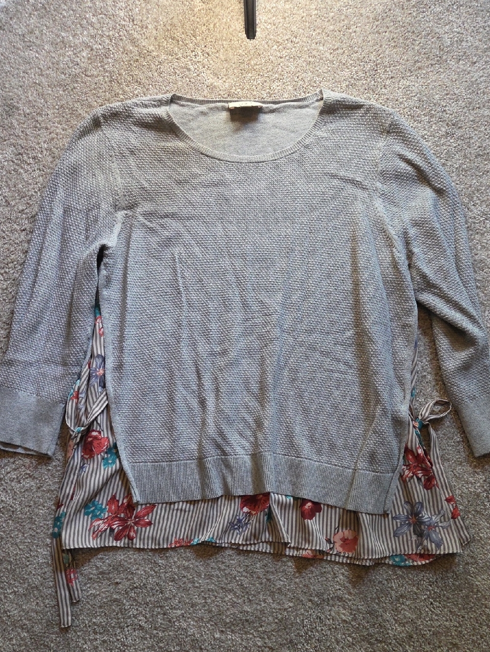 LOFT Light Gray Layered Knit Sweater with Floral Stripe Hem